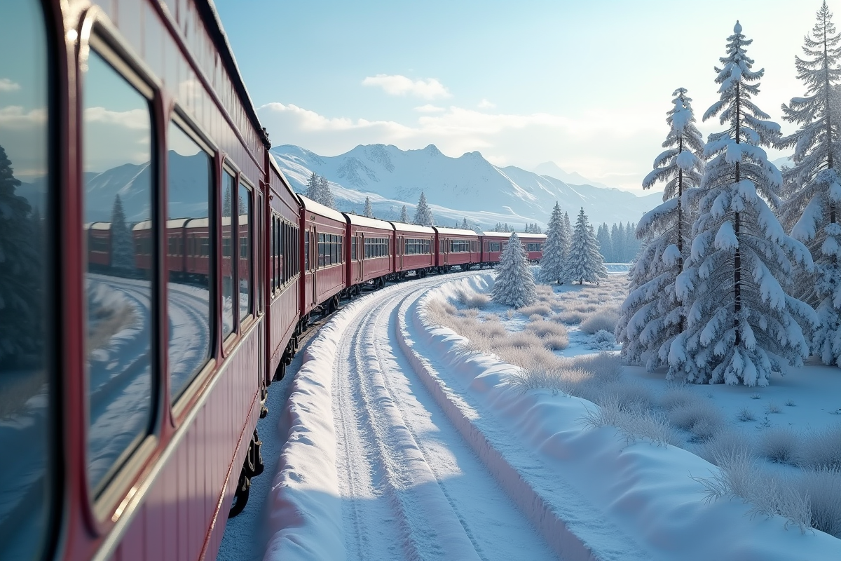 Train panoramique dans un paysage enneige sous un ciel clair