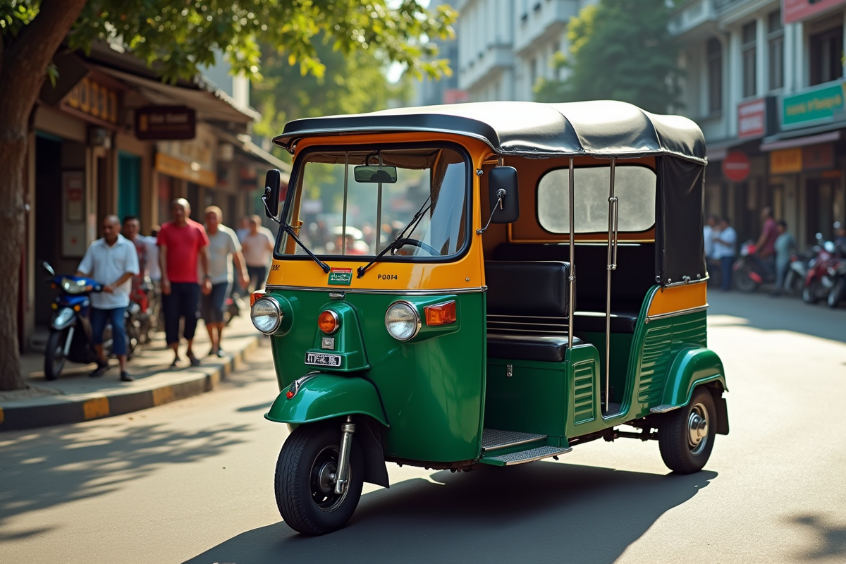 Tuk tuk coloré dans une rue animée en Asie du Sud-Est