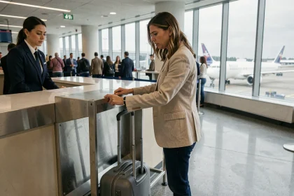 Passagère mesurant sa valise cabine dans un gabarit métallique à l'aéroport avant l'embarquement