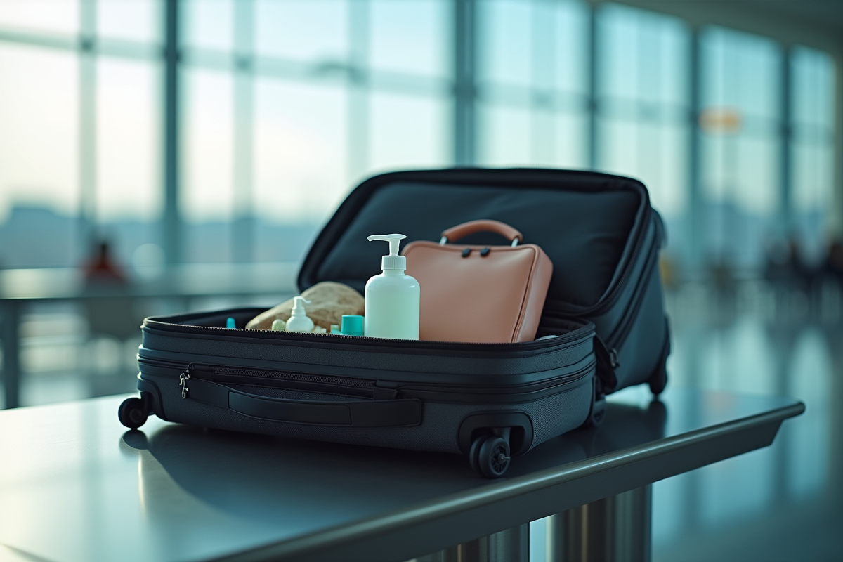 Valise de voyage ouverte sur une table aéroport avec liquides et trousses