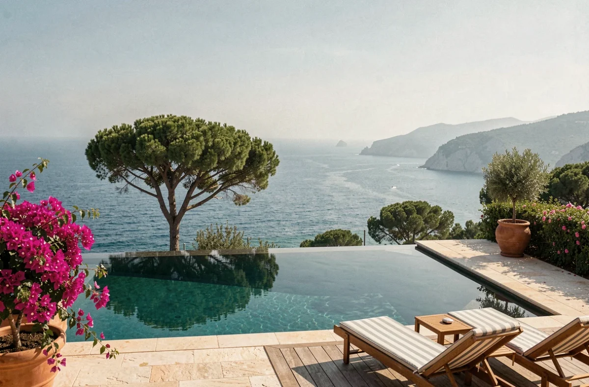 Piscine de La Villa Douce à Rayol-Canadel-sur-Mer avec vue panoramique sur la mer Méditerranée et bougainvilliers en fleur