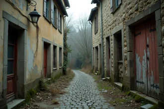 Rue d'un village abandonné en France avec maisons en pierre envahies par la végétation et volets délabrés