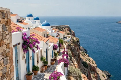 Village crétois blanc et bleu perché sur une falaise au-dessus de la mer Égée en Grèce
