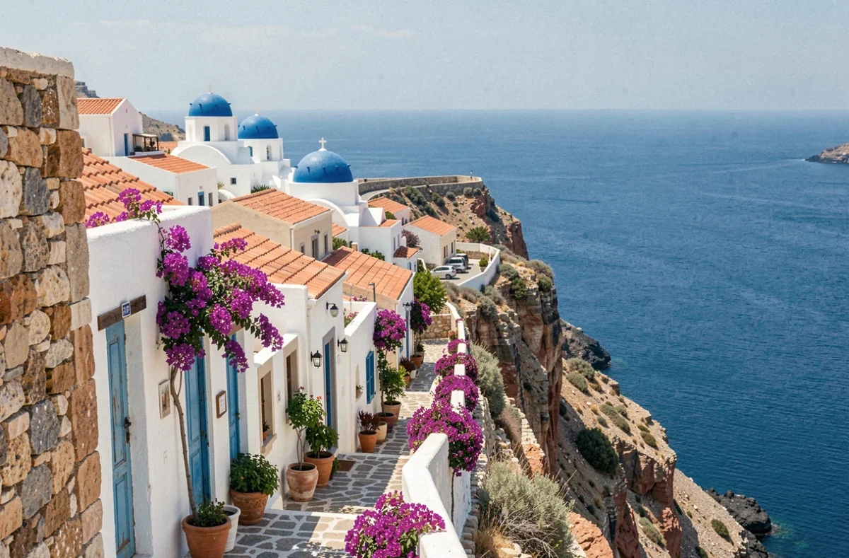 Village crétois blanc et bleu perché sur une falaise au-dessus de la mer Égée en Grèce