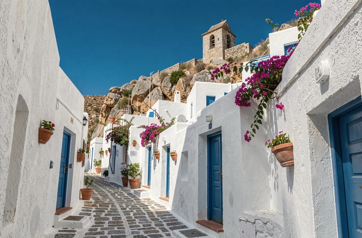 Village cycladique aux ruelles pavées de Tinos avec pigeonnier traditionnel et portes bleues