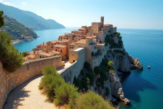 Vue panoramique du village perché d'Eze surplombant la mer Méditerranée depuis le sentier côtier