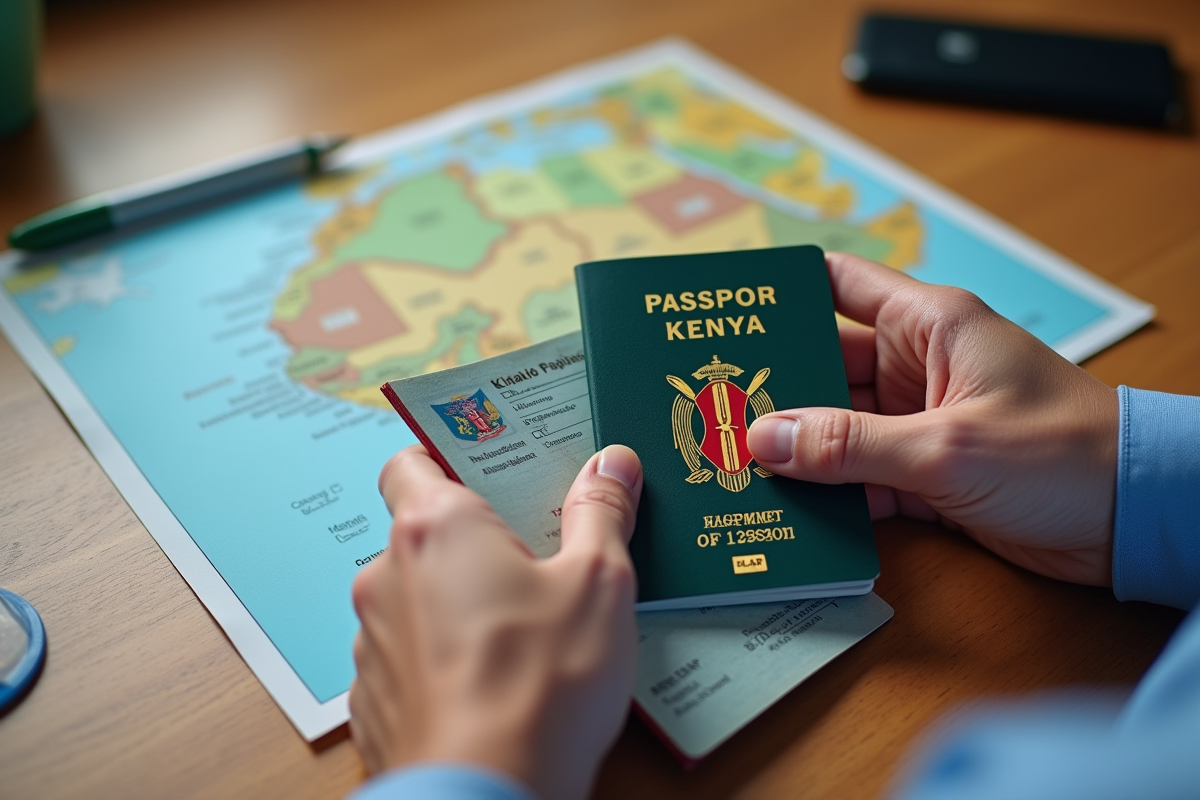Main tenant un visa et un passeport du Kenya avec une carte du pays