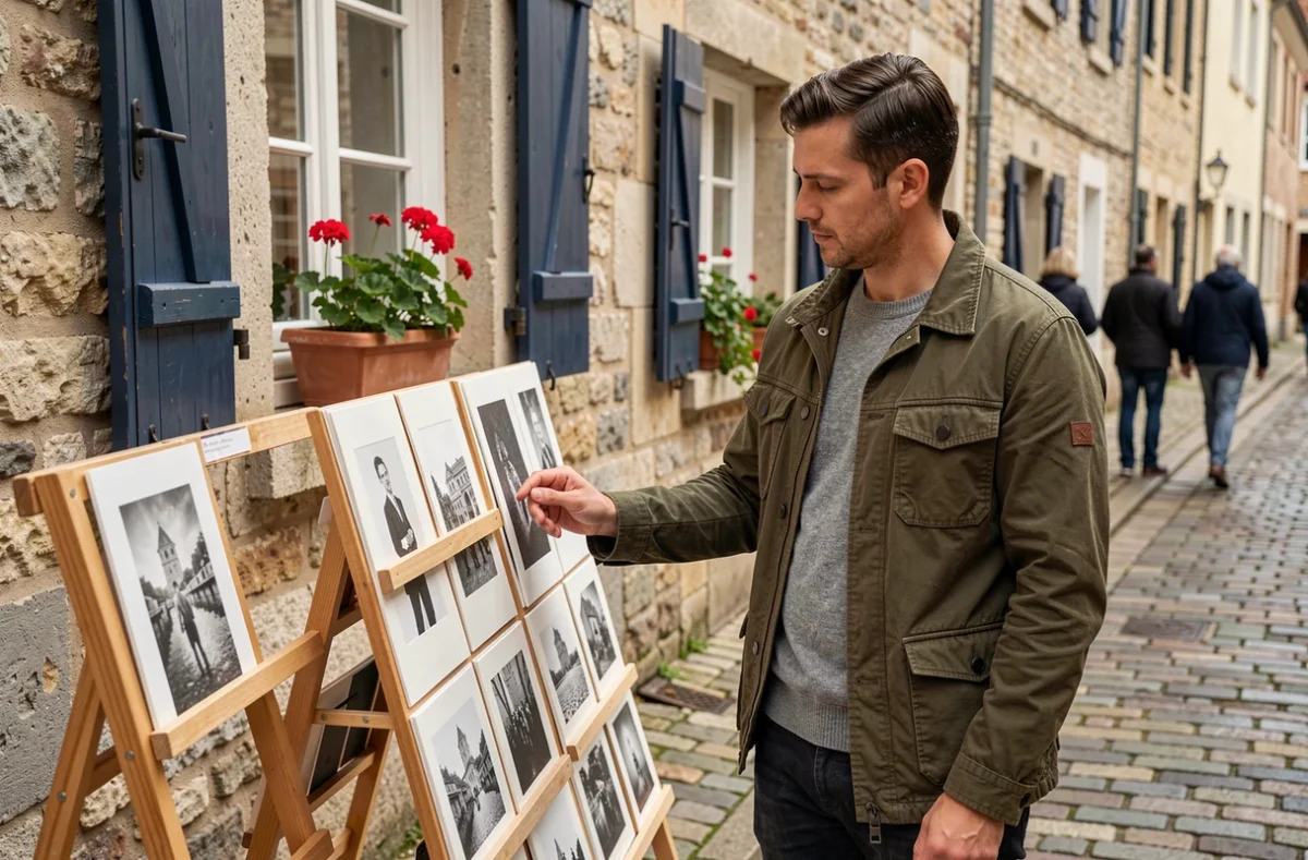 Voyageur solo explorant une galerie d'art et des imprimés artistiques dans une ruelle pittoresque de Honfleur en Normandie