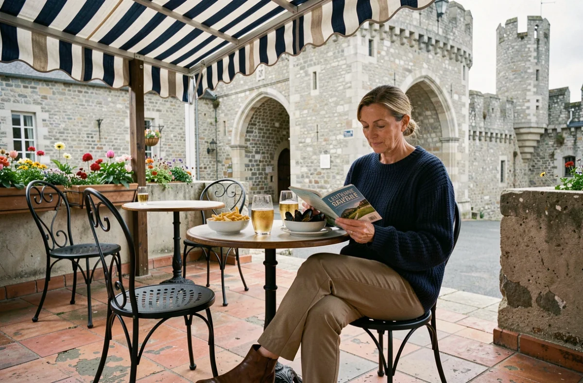 Femme voyageant seule savourant des moules-frites et un cidre normand en terrasse de café avec vue sur la Lieutenance de Honfleur
