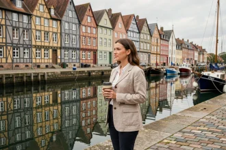 Femme en solo contemplant le Vieux-Bassin de Honfleur depuis le quai Sainte-Catherine avec reflets des maisons normandes dans l'eau