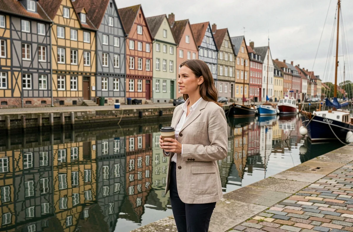 Femme en solo contemplant le Vieux-Bassin de Honfleur depuis le quai Sainte-Catherine avec reflets des maisons normandes dans l'eau