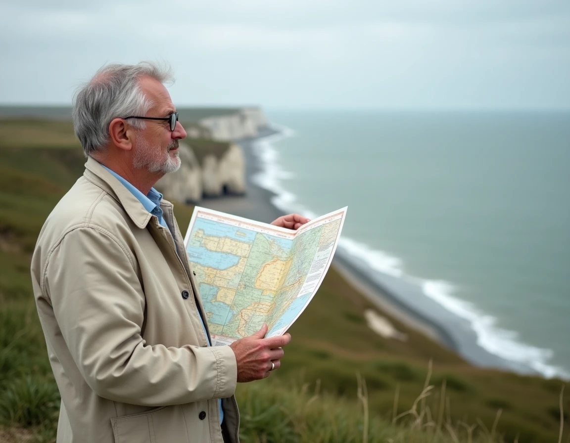 Homme d'&acirc;ge m&ucirc;r consultant une carte des plages du D&eacute;barquement en Normandie sur les falaises de la Pointe du Hoc face &agrave; la Manche