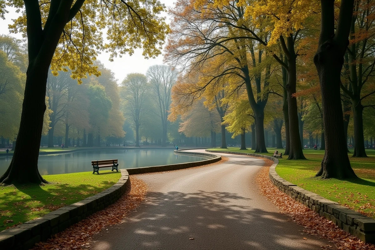 All&eacute;e sinueuse bord&eacute;e d'arbres avec &eacute;tang dans le Vondelpark d'Amsterdam un matin calme