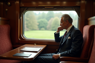 Homme en costume vintage dans un compartiment Orient Express