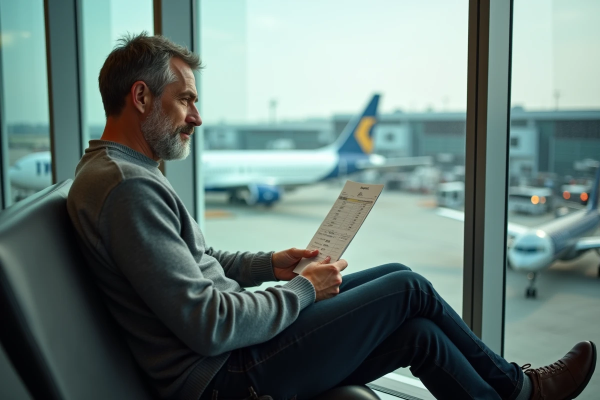 Voyageur contemplant son itinéraire de vol Paris Sydney dans un terminal d'aéroport international