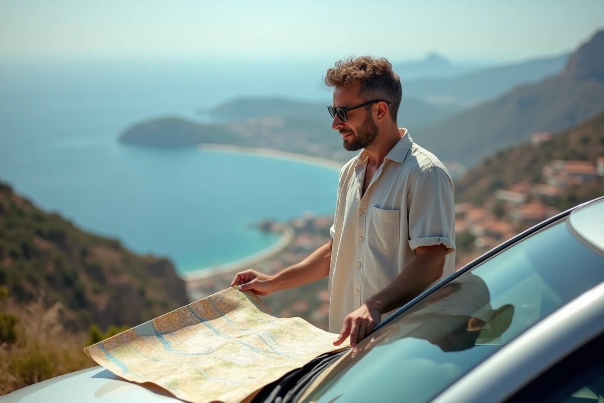 Voyageur consultant une carte routière au bord de la route avec vue panoramique sur le golfe d'Ajaccio en arrière-plan