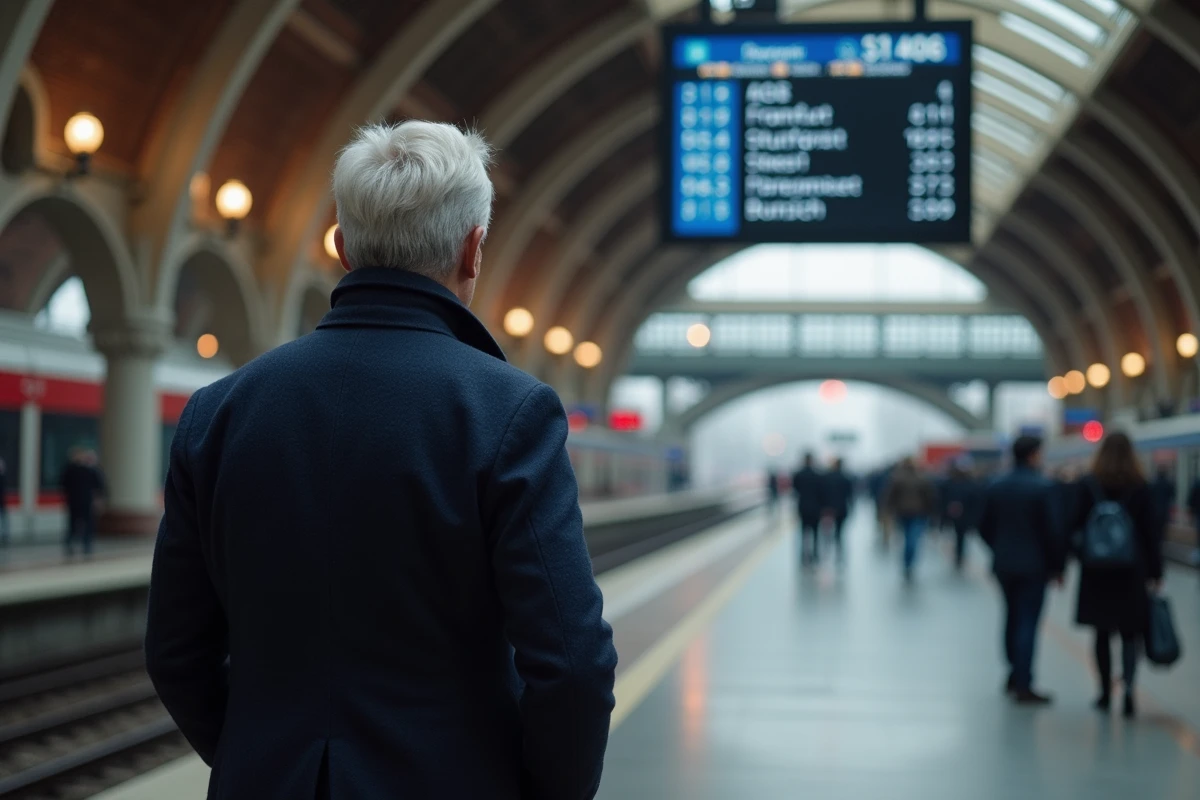 Voyageur en gare de Strasbourg consultant le tableau des départs vers les villes allemandes