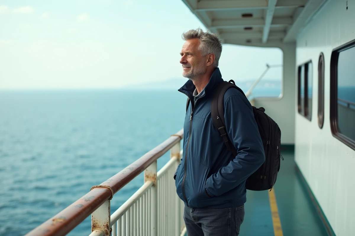 Voyageur debout sur le pont d'un ferry en mer, regardant l'horizon lors d'une traversée maritime