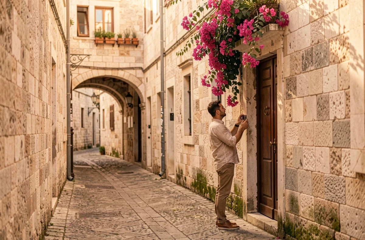 Voyageur solo photographiant une ruelle pavée de la vieille ville de Dubrovnik ornée de bougainvillées