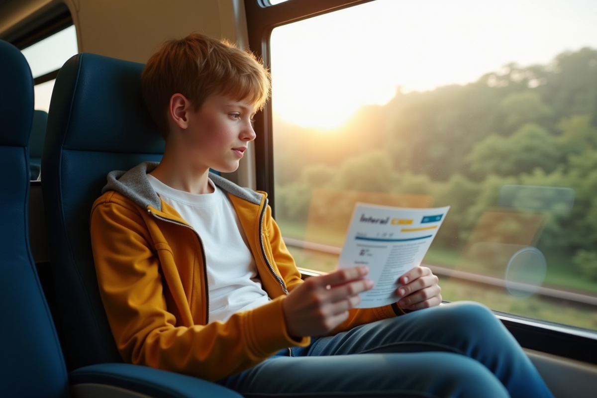 Jeune voyageur dans train avec billet Eurostar