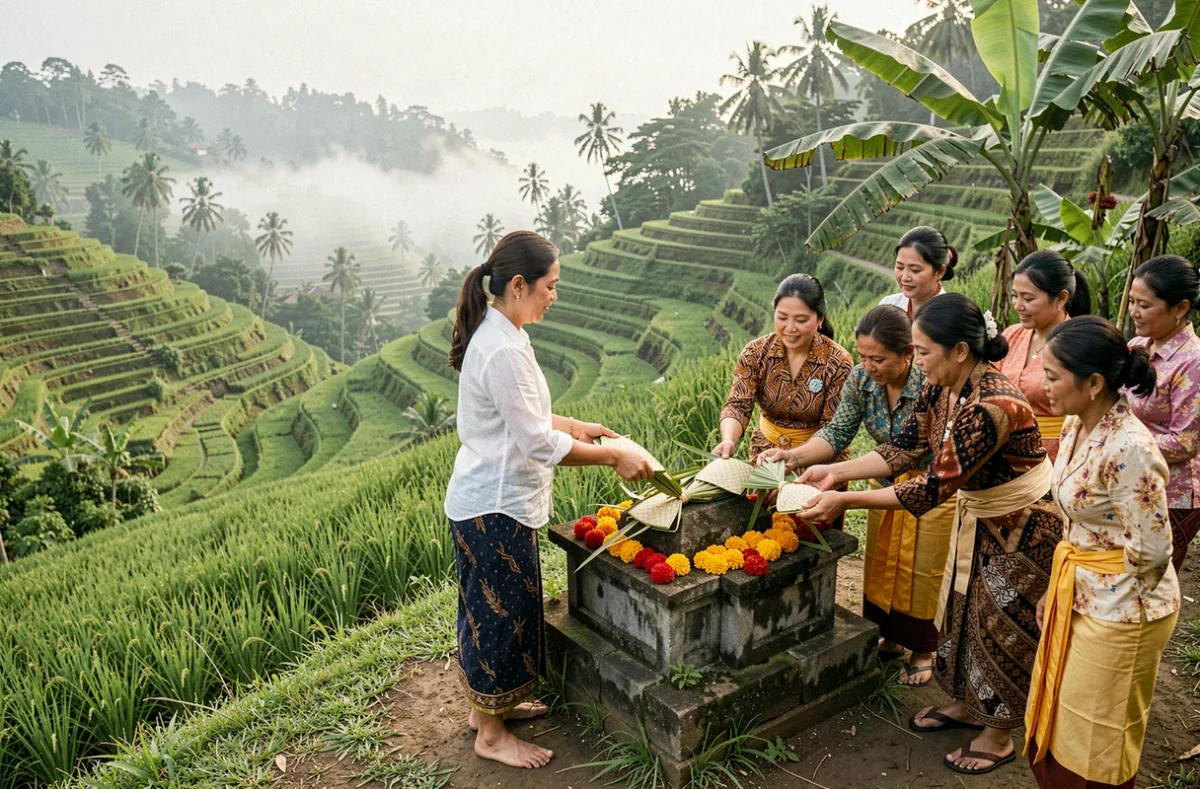 Voyageuse occidentale participant à une cérémonie d'offrandes balinaises dans les rizières en terrasses d'Ubud