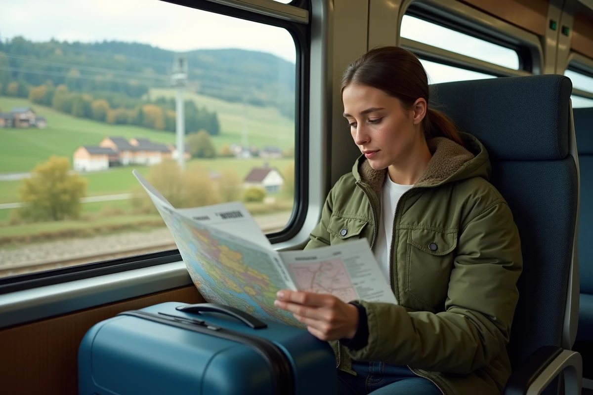 Voyageuse française consultant une carte ferroviaire dans un train en Allemagne