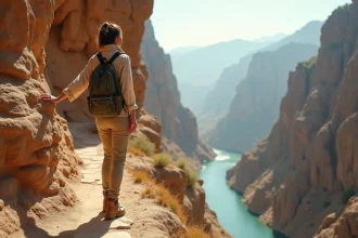 Voyageuse explorant un sentier rocheux isolé dans un paysage montagneux d'Asie centrale, vue sur une vallée sauvage et authentique