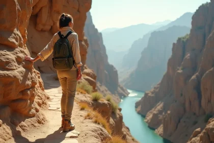 Voyageuse explorant un sentier rocheux isolé dans un paysage montagneux d'Asie centrale, vue sur une vallée sauvage et authentique