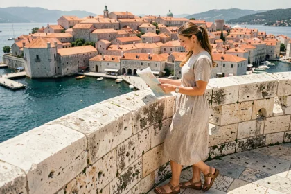 Voyageuse solo explorant les remparts de Dubrovnik avec vue panoramique sur les toits en tuiles et la mer Adriatique
