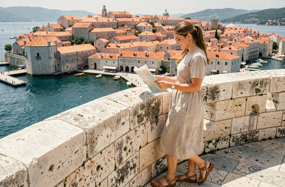 Voyageuse solo explorant les remparts de Dubrovnik avec vue panoramique sur les toits en tuiles et la mer Adriatique