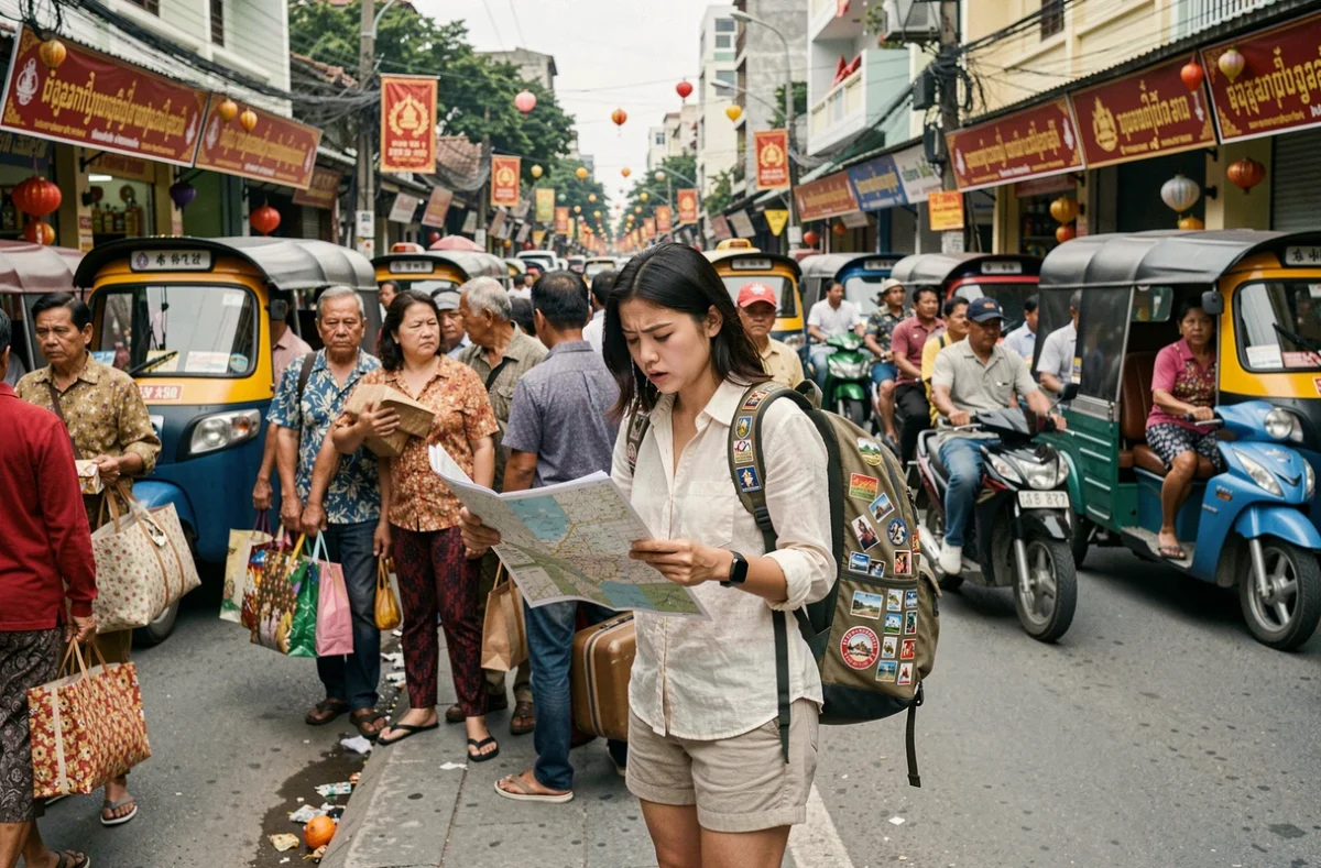 Voyageuse occidentale dépassée par l'affluence dans une file de tuk-tuks à Phnom Penh pendant le Nouvel An khmer, illustrant les défis du tourisme en période de fête